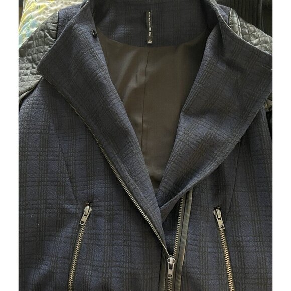 W118 Walter‎ Baker Blue Tweed Check Coat Black Faux Leather Quilted Moto Jacket - Picture 9 of 12